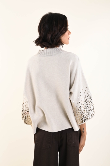 Rundhals-Pullover mit 3/4 Arm und Pailletten